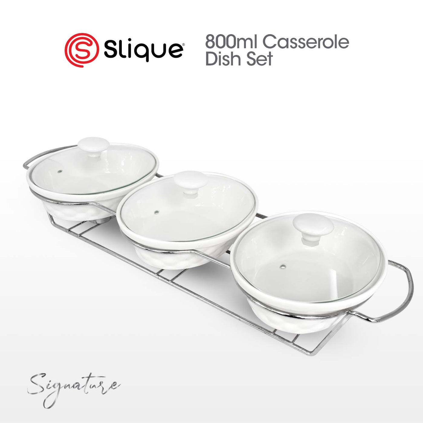 SLIQUE Casserole Serving Dish [Set of 3] 1400mL Signature Porcelain Collection Stand with Candle Burner