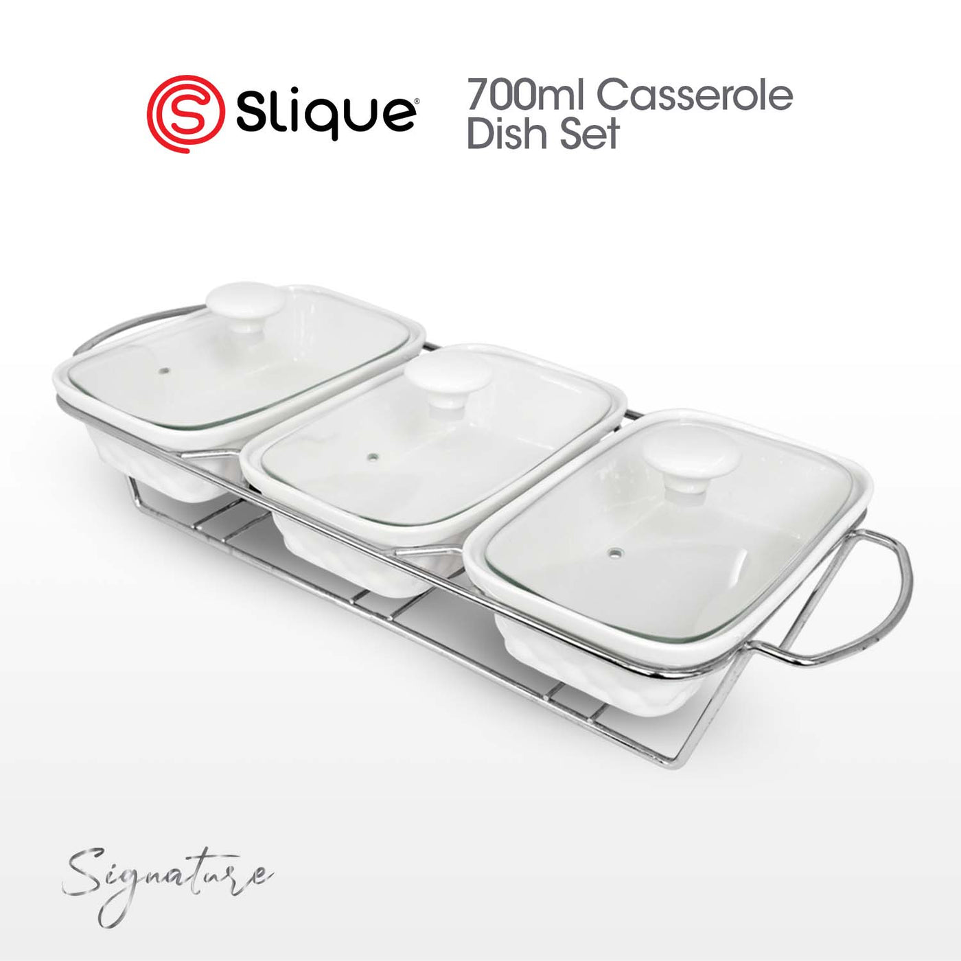 SLIQUE Casserole Serving Dish [Set of 3] 1400mL Signature Porcelain Collection Stand with Candle Burner