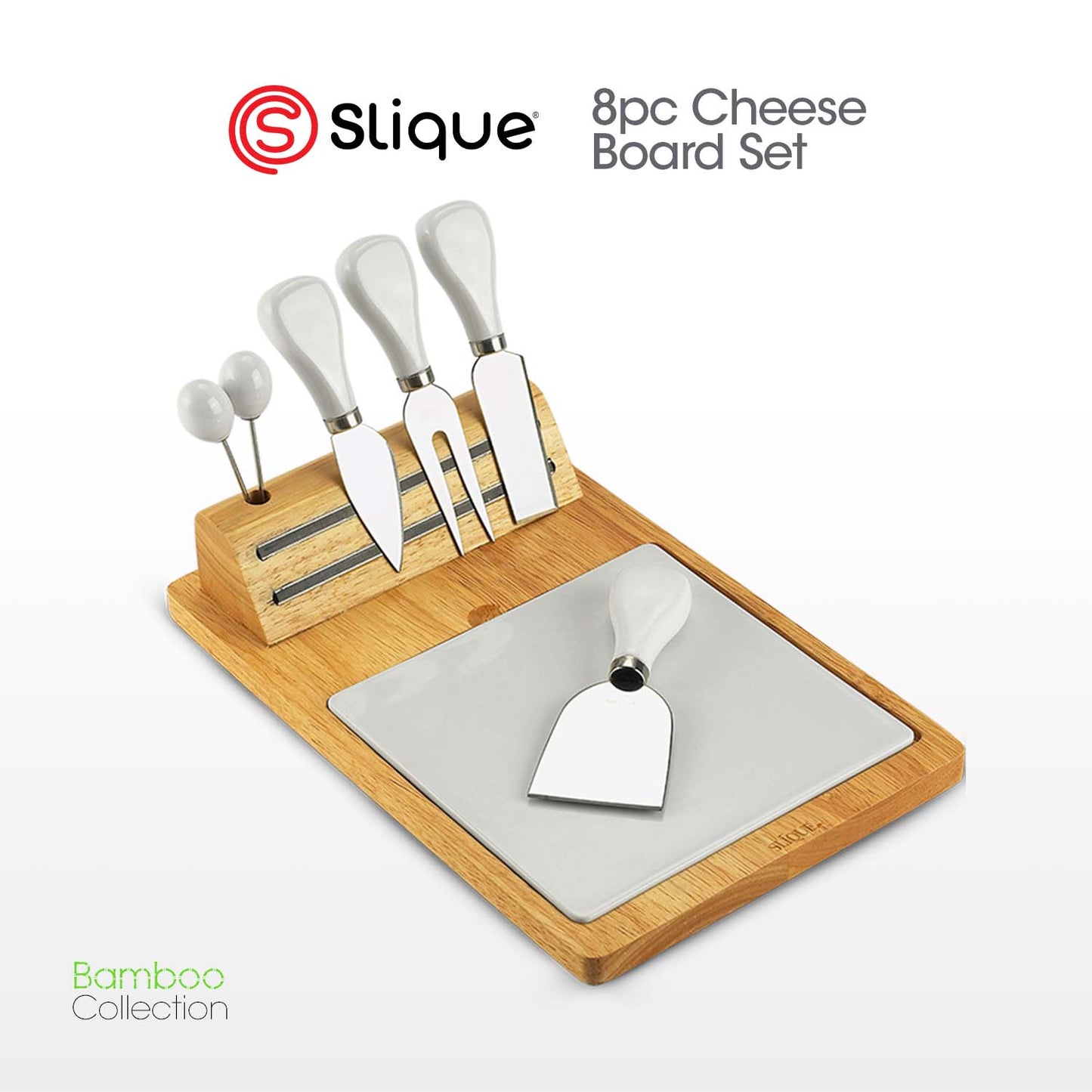 SLIQUE Premium Bamboo Cheese Board and Stainless Steel Cutlery Set Set of 8