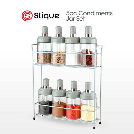 SLIQUE Premium Glass Condiments Container 230ml Soda lime Glass |  Metal Rack