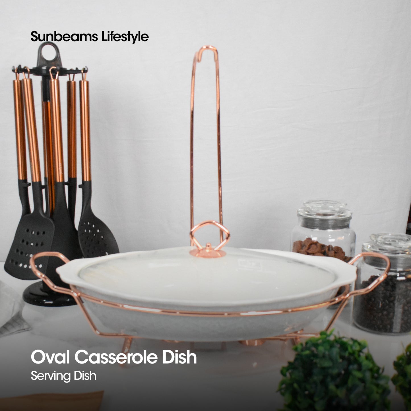 SLIQUE Casserole Serving Dish Oval, Signature Porcelain Collection Copper Stand with Candle Burner