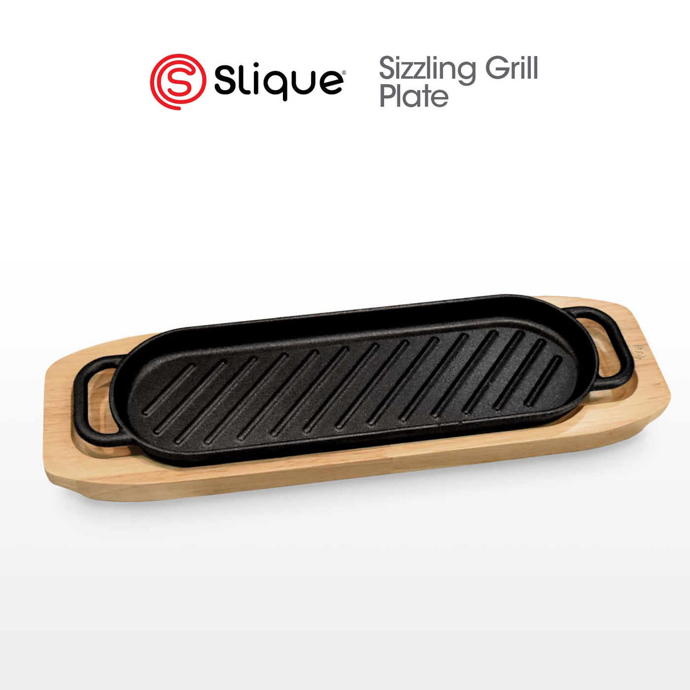 SLIQUE Premium Cast Iron Rectangular Sizzling Grill Plates w/ Original Rubber Wood Base 30cm