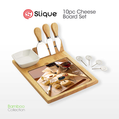 SLIQUE Premium Bamboo Cheese Board and Stainless Steel Cutlery Set Set of 10