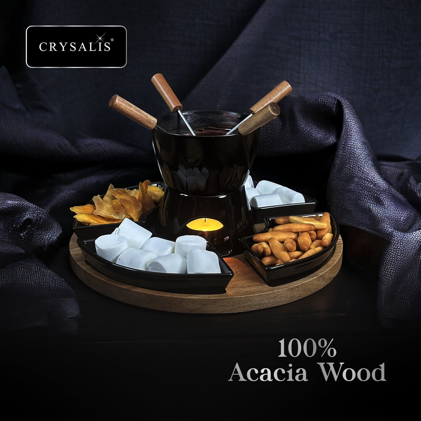 CRYSALIS Premium Fondue Set Chocolate Pot [Set of 11] - Acacia Wood