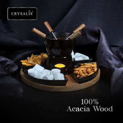 CRYSALIS Premium Fondue Set Chocolate Pot [Set of 11] - Acacia Wood