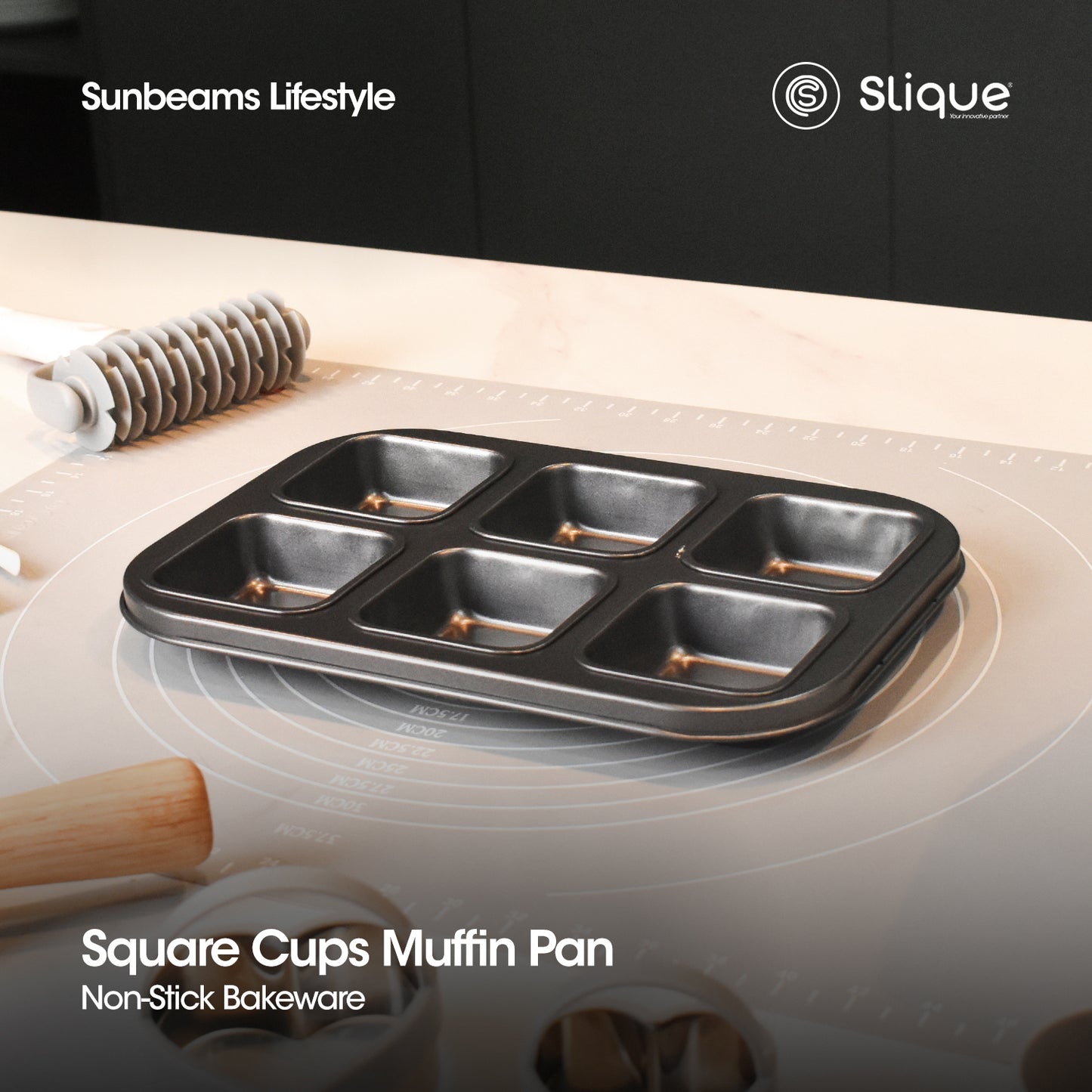 SLIQUE Premium Non-Stick 6 Cup Square Muffin Pan Oven Safe 26x18x5cm