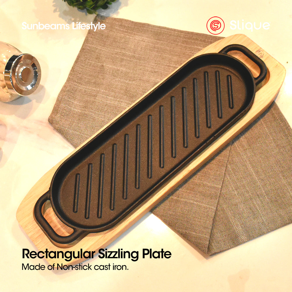 SLIQUE Premium Cast Iron Rectangular Sizzling Grill Plates w/ Original Rubber Wood Base 30cm