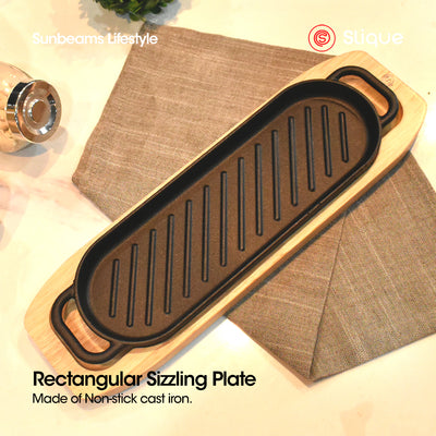 SLIQUE Premium Cast Iron Rectangular Sizzling Grill Plates w/ Original Rubber Wood Base 30cm
