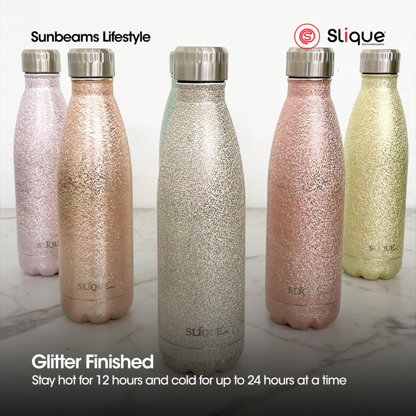 SLIQUE Stainless Steel Glitter Finish Insulated Water Bottle 500ml (Purple)