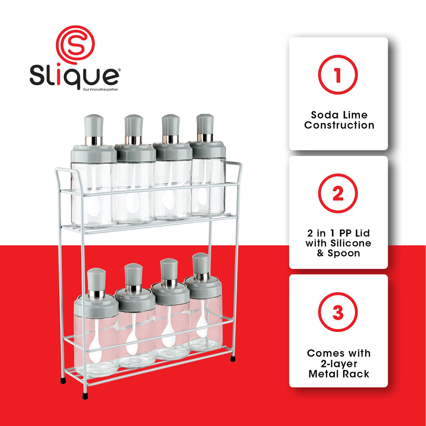 SLIQUE Premium Glass Condiments Container 230ml Soda lime Glass |  Metal Rack