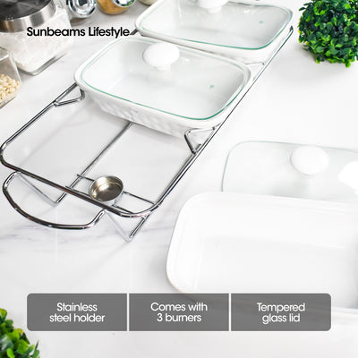 SLIQUE Casserole Serving Dish [Set of 3] 1400mL Signature Porcelain Collection Stand with Candle Burner