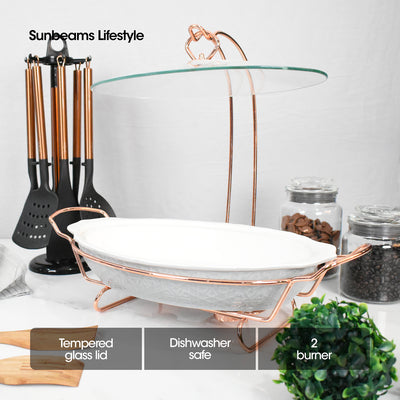 SLIQUE Casserole Serving Dish Oval, Signature Porcelain Collection Copper Stand with Candle Burner
