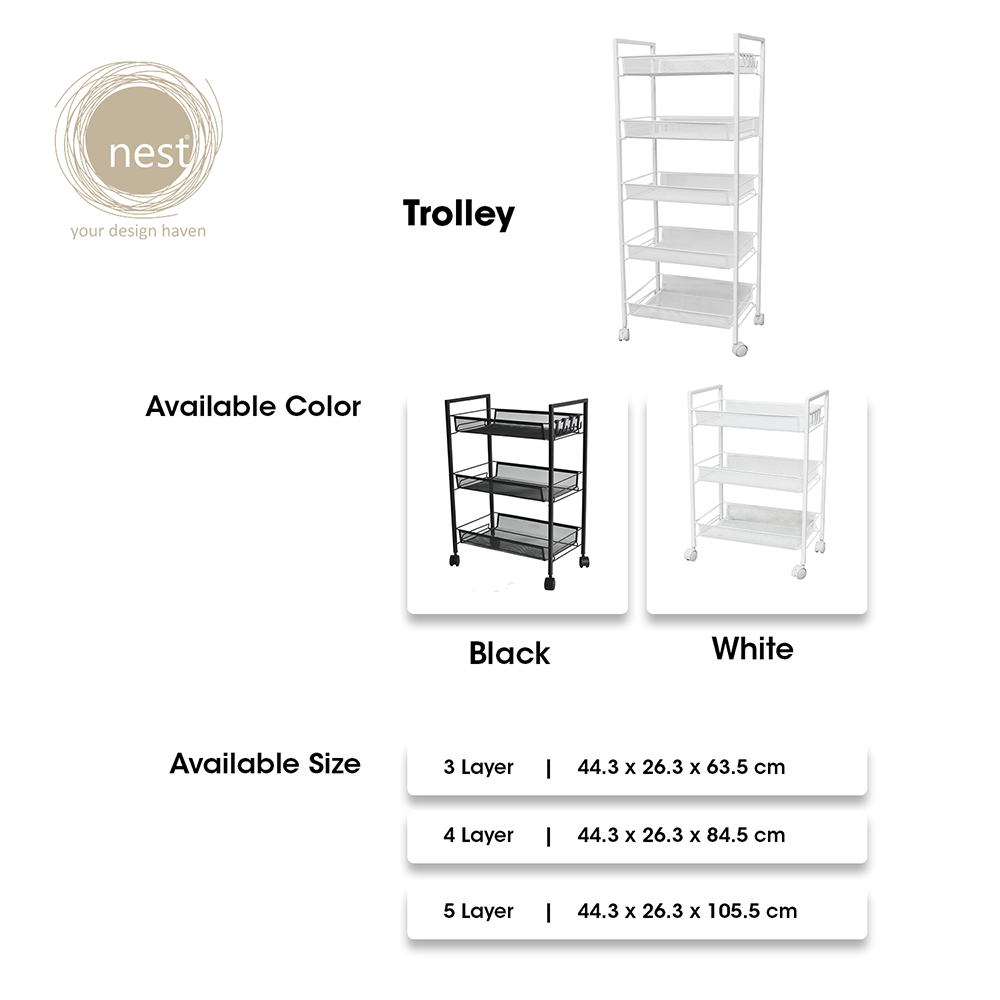 NEST DESIGN LAB Premium Narrow Kitchen Storage Trolley Cart - White