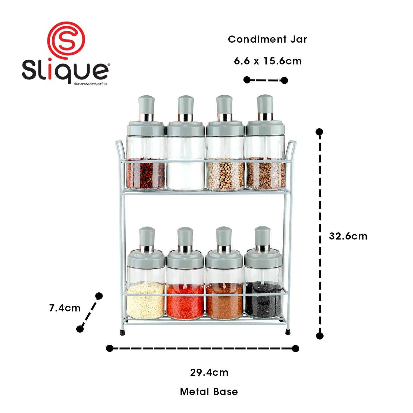 SLIQUE Premium Glass Condiments Container 230ml Soda lime Glass |  Metal Rack