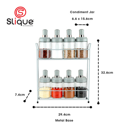 SLIQUE Premium Glass Condiments Container 230ml Soda lime Glass |  Metal Rack