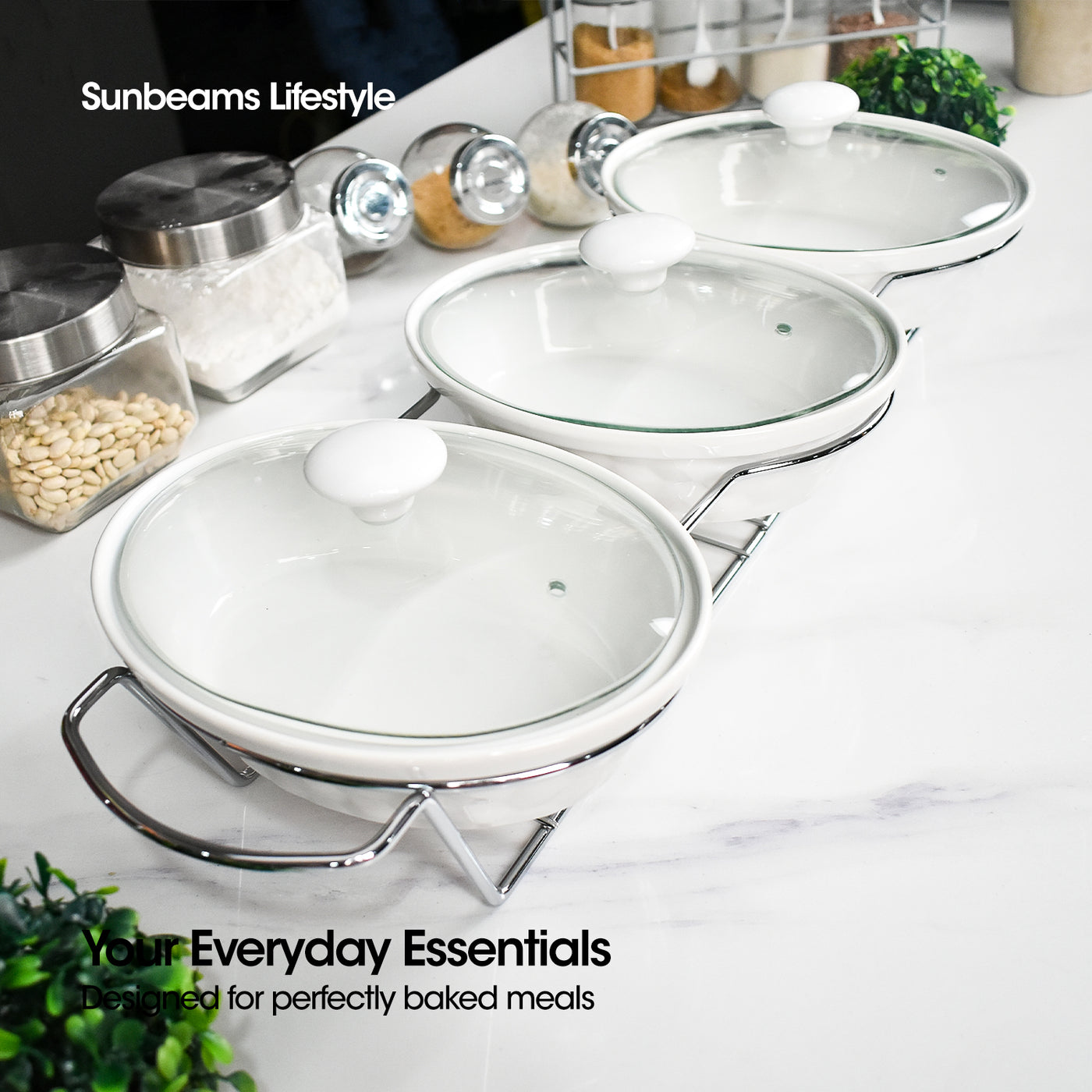 SLIQUE Casserole Serving Dish [Set of 3] 1400mL Signature Porcelain Collection Stand with Candle Burner