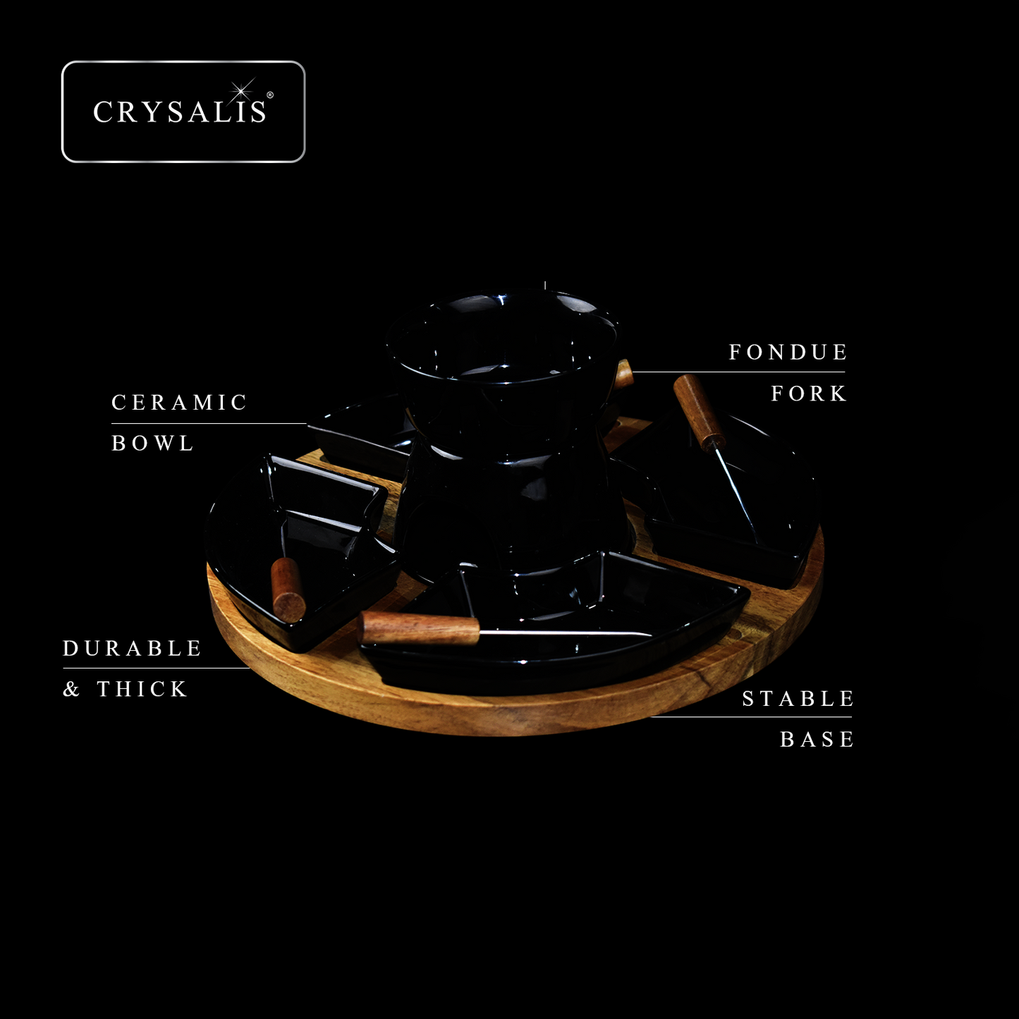 CRYSALIS Premium Fondue Set Chocolate Pot [Set of 11] - Acacia Wood