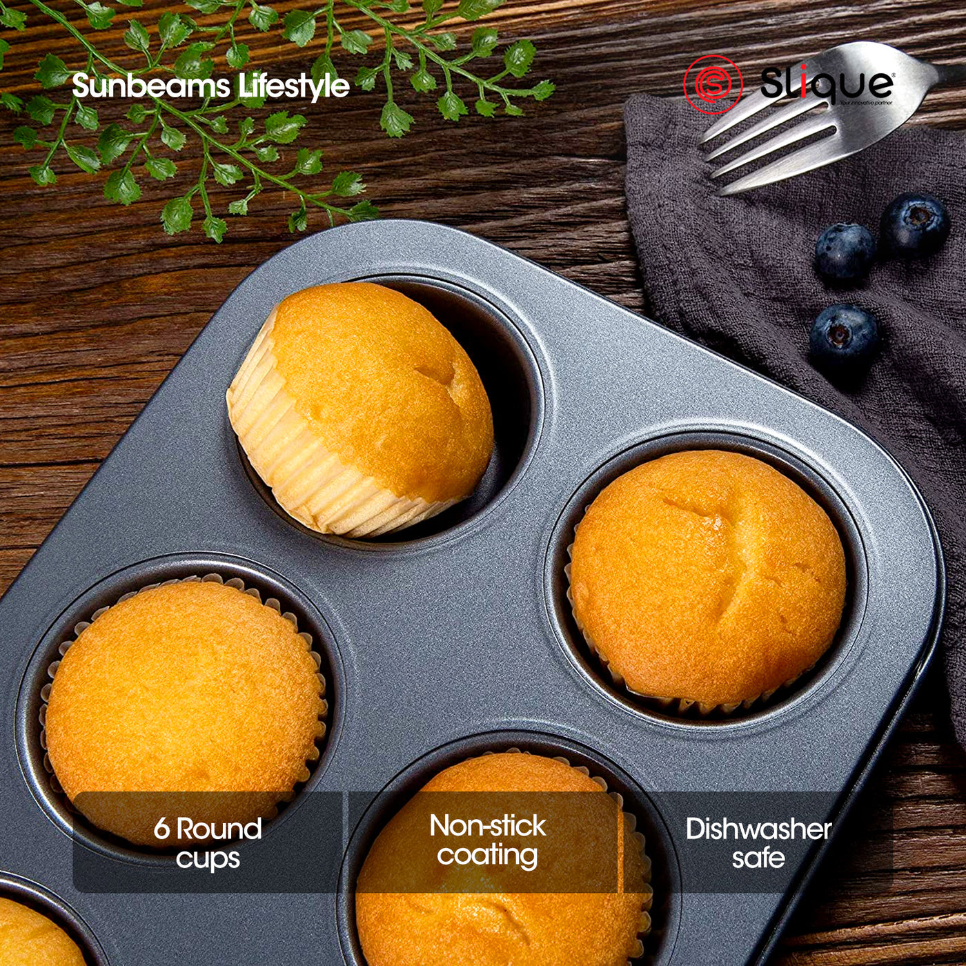 SLIQUE Premium Nonstick Bakeware 6 cup round muffin Oven Safe