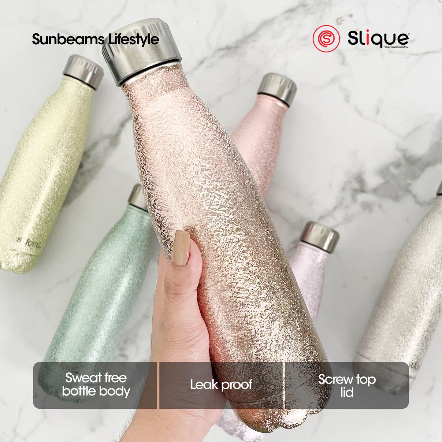 SLIQUE Stainless Steel Glitter Finish Insulated Water Bottle 500ml (Orange)