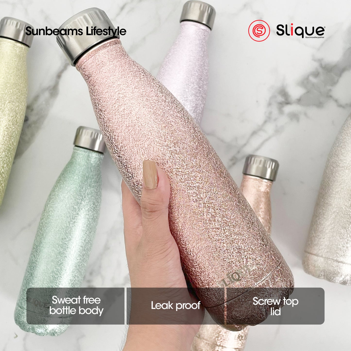 SLIQUE Stainless Steel Glitter Finish Insulated Water Bottle 500ml (Rosegold)