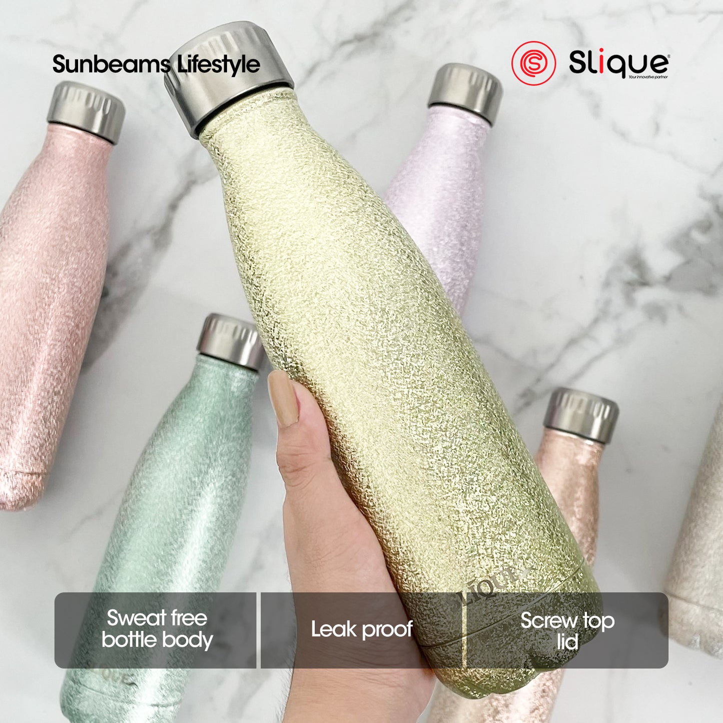 SLIQUE Stainless Steel Glitter Finish Insulated Water Bottle 500ml (Yellow)