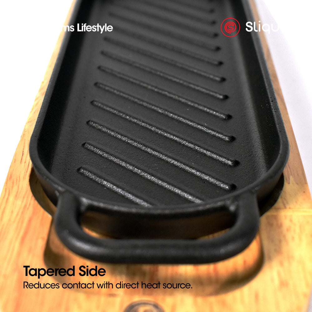 SLIQUE Premium Cast Iron Rectangular Sizzling Grill Plates w/ Original Rubber Wood Base 30cm