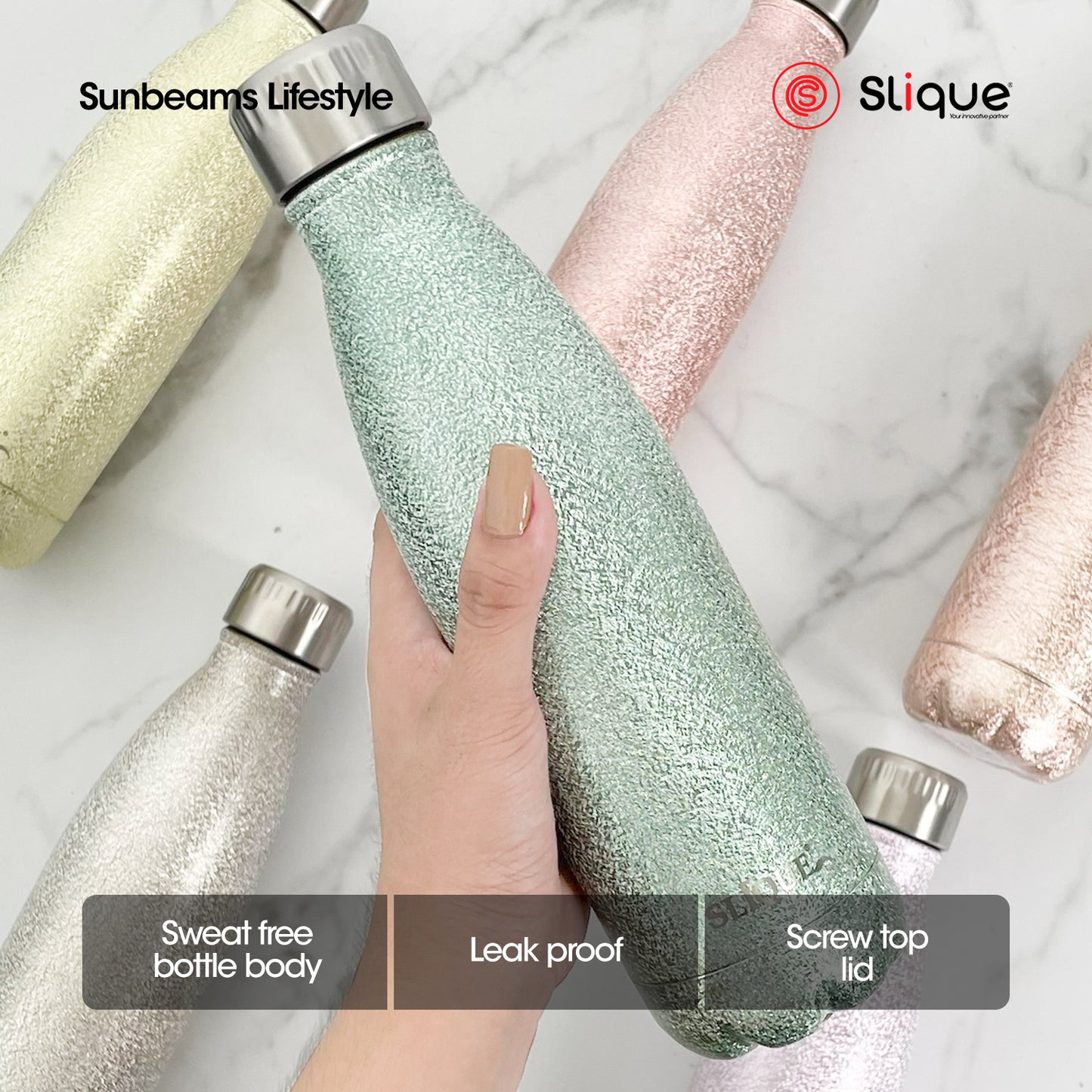 SLIQUE Stainless Steel Glitter Finish Insulated Water Bottle 500ml (Green)