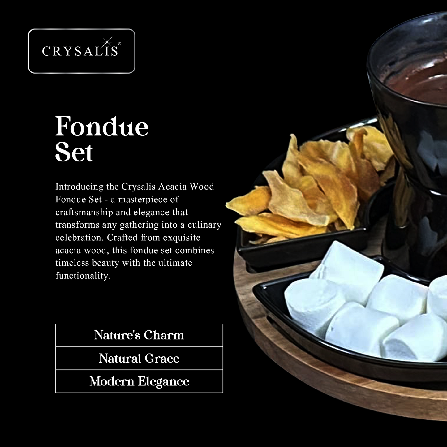 CRYSALIS Premium Fondue Set Chocolate Pot [Set of 11] - Acacia Wood