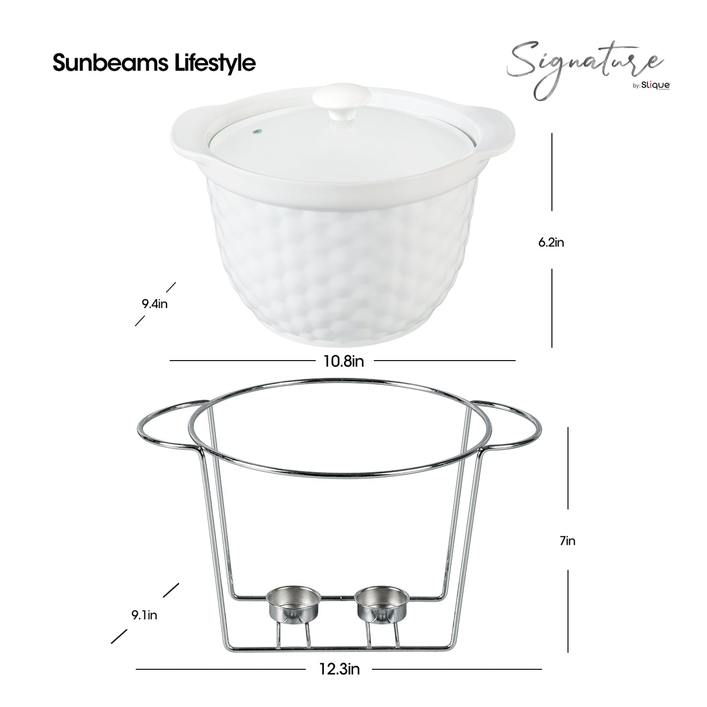 SLIQUE Casserole Serving Bowl - Round Signature Porcelain Collection Stand with Candle Burner