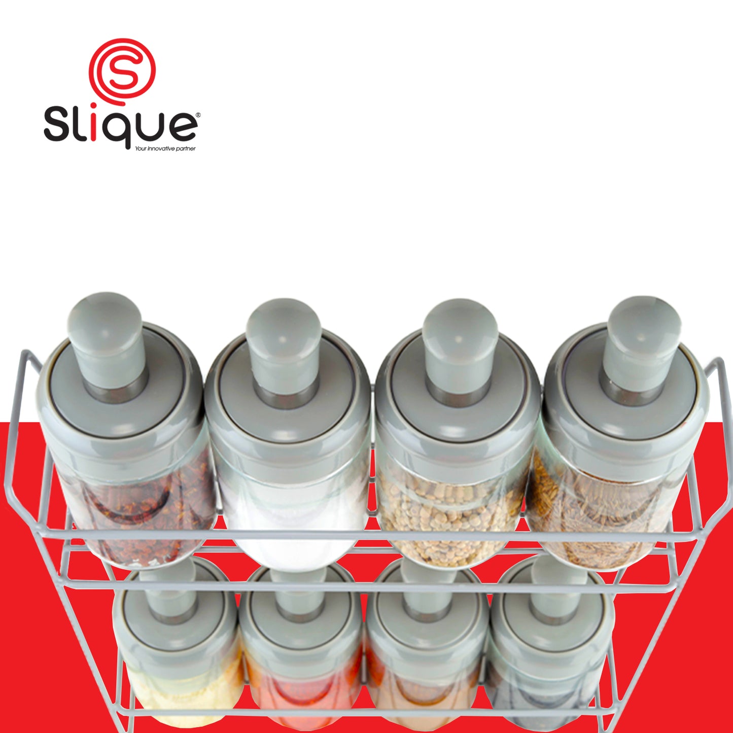 SLIQUE Premium Glass Condiments Container 230ml Soda lime Glass |  Metal Rack