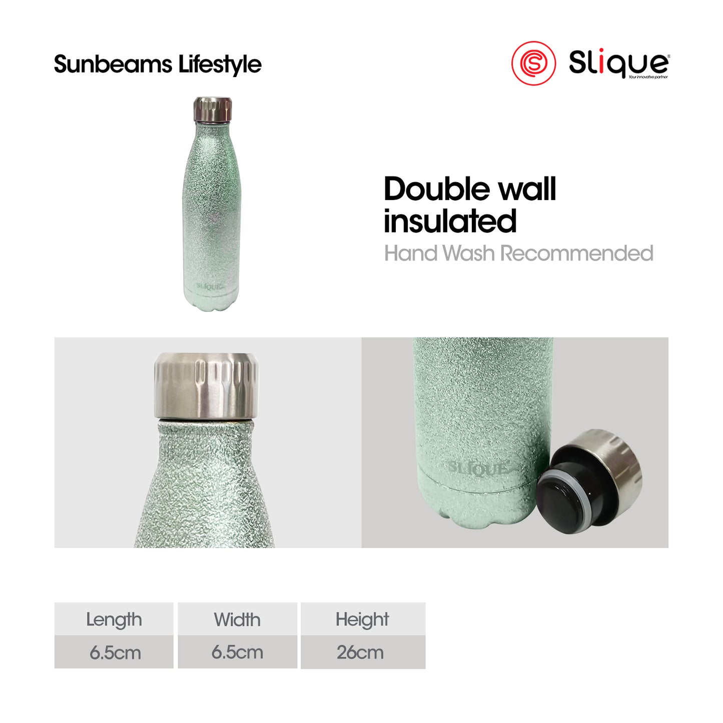 SLIQUE Stainless Steel Glitter Finish Insulated Water Bottle 500ml (Green)