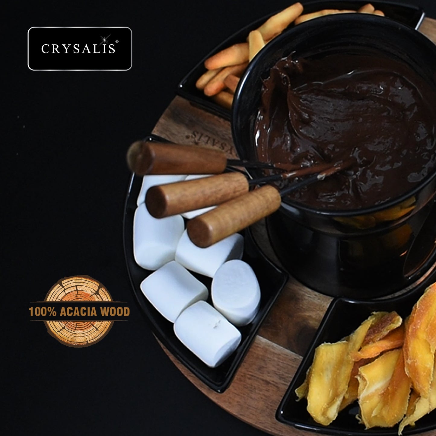 CRYSALIS Premium Fondue Set Chocolate Pot [Set of 11] - Acacia Wood