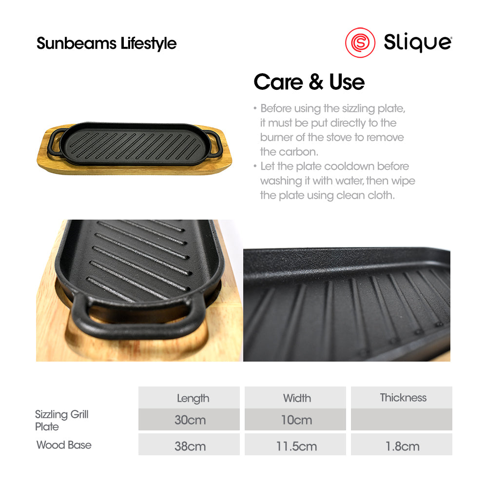 SLIQUE Premium Cast Iron Rectangular Sizzling Grill Plates w/ Original Rubber Wood Base 30cm