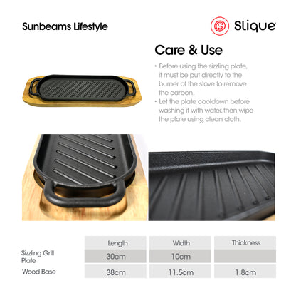 SLIQUE Premium Cast Iron Rectangular Sizzling Grill Plates w/ Original Rubber Wood Base 30cm