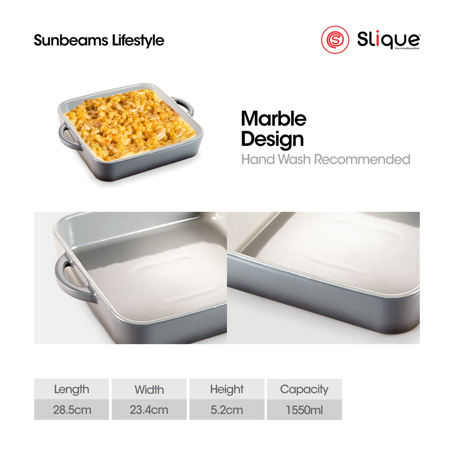 SLIQUE Premium Square Marble Glass Baking Dish 1550ml