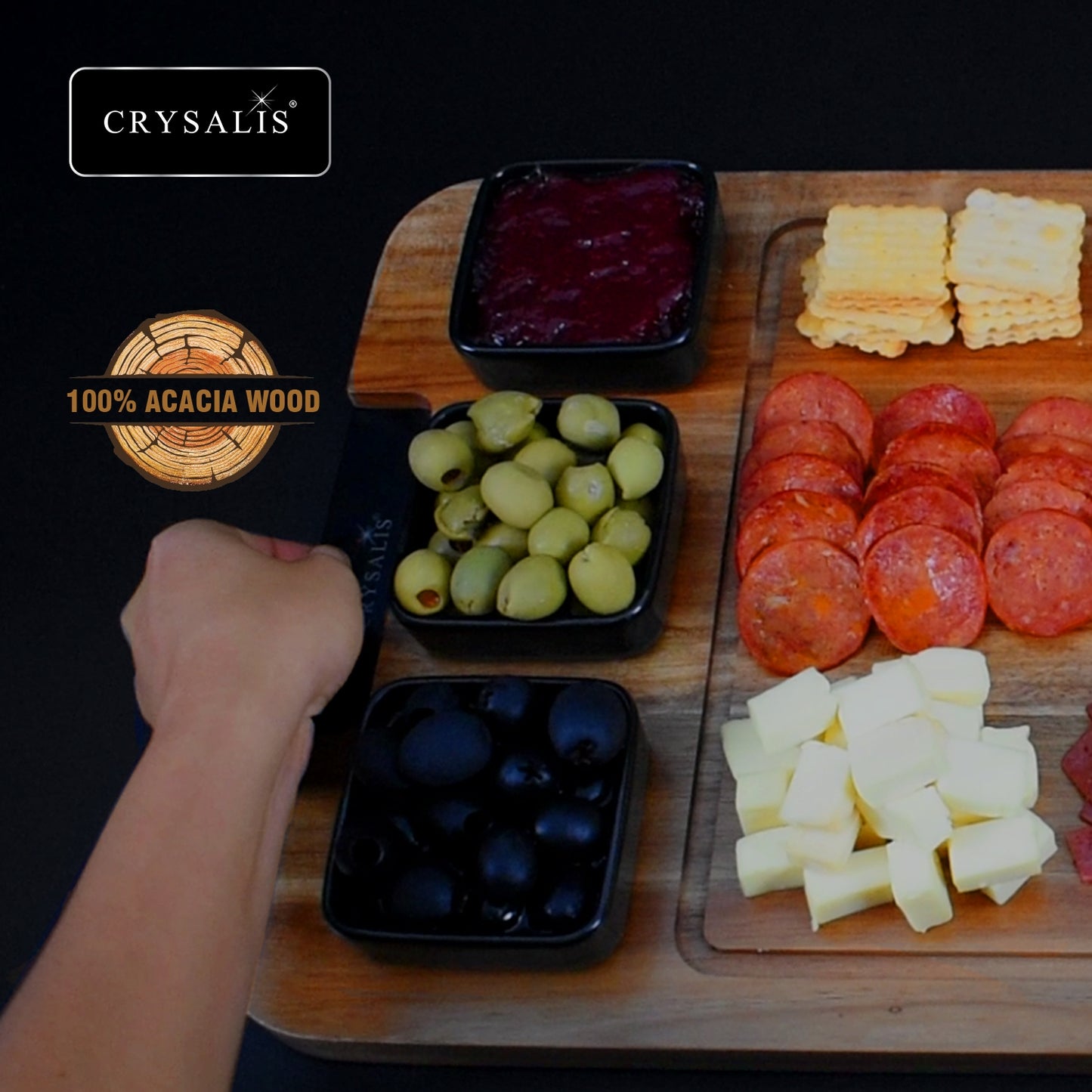 CRYSALIS Premium Serving Board [Set of 4] Charcuterie Tray - Acacia Wood