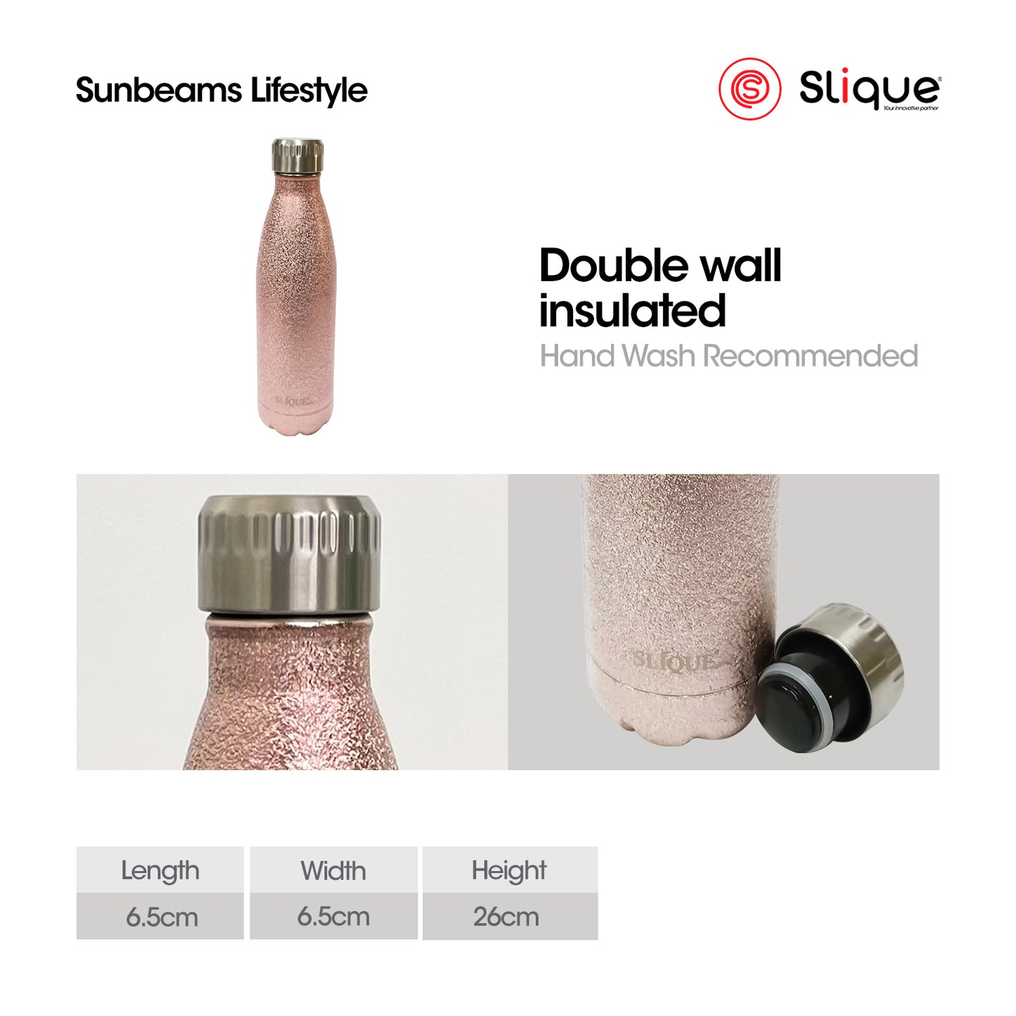 SLIQUE Stainless Steel Glitter Finish Insulated Water Bottle 500ml (Rosegold)