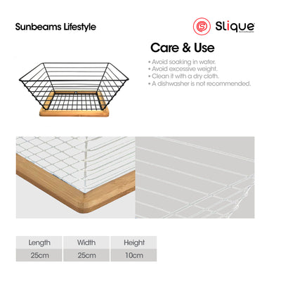 SLIQUE Premium Fruit Basket 25x25x10cm Serving Basket, Vegetable Basket, Bamboo Metal Wire Organizer