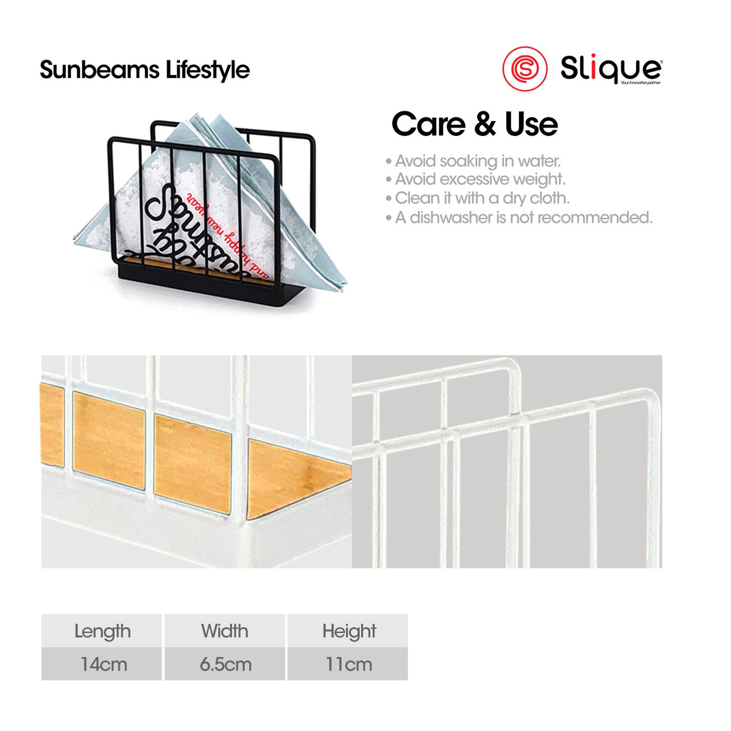 SLIQUE Premium Napkin Holder 14x6.5x11cm Bamboo Metal Wire Organizer