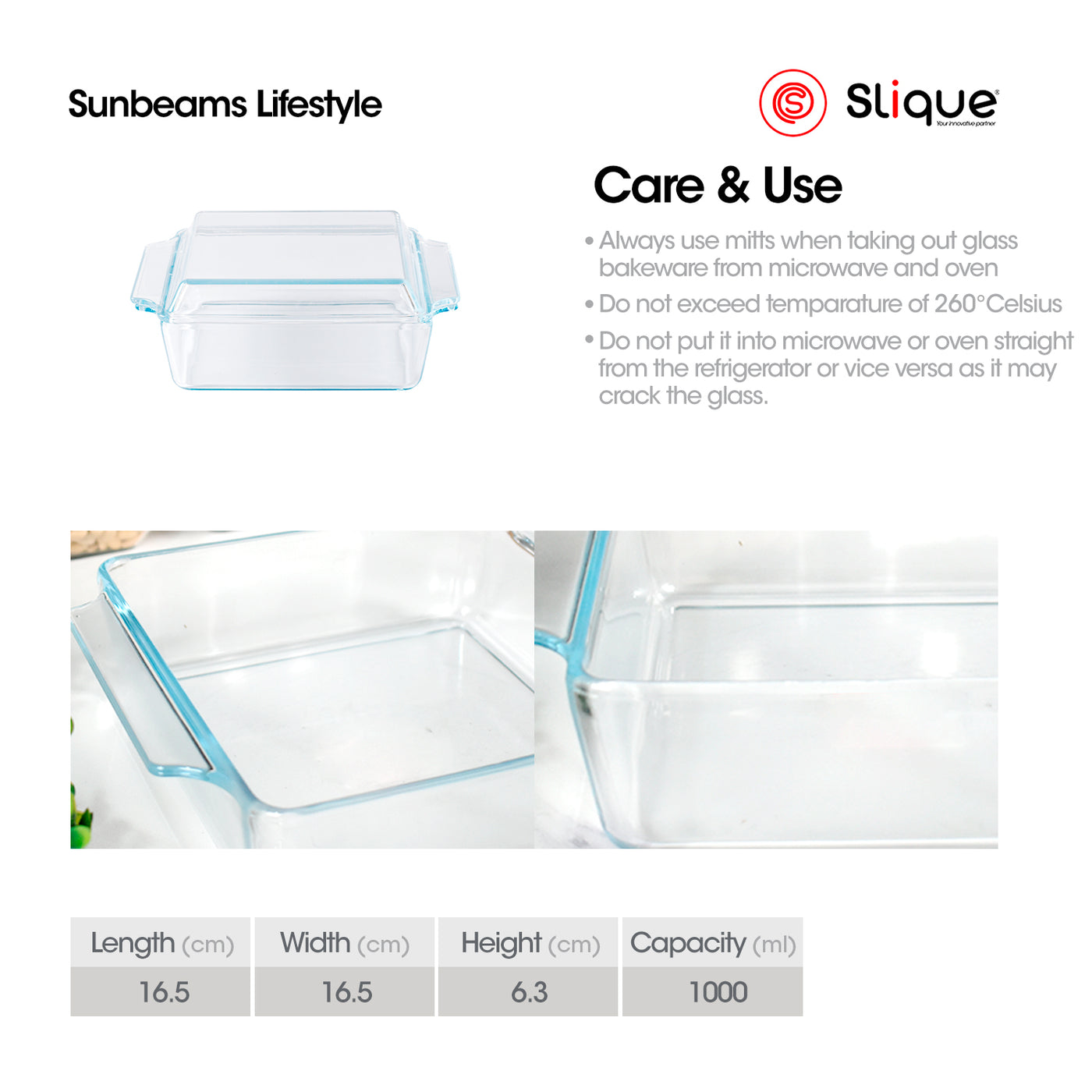 SLIQUE Premium Borosilicate Rectangular Glass Baking Dish 1000ml