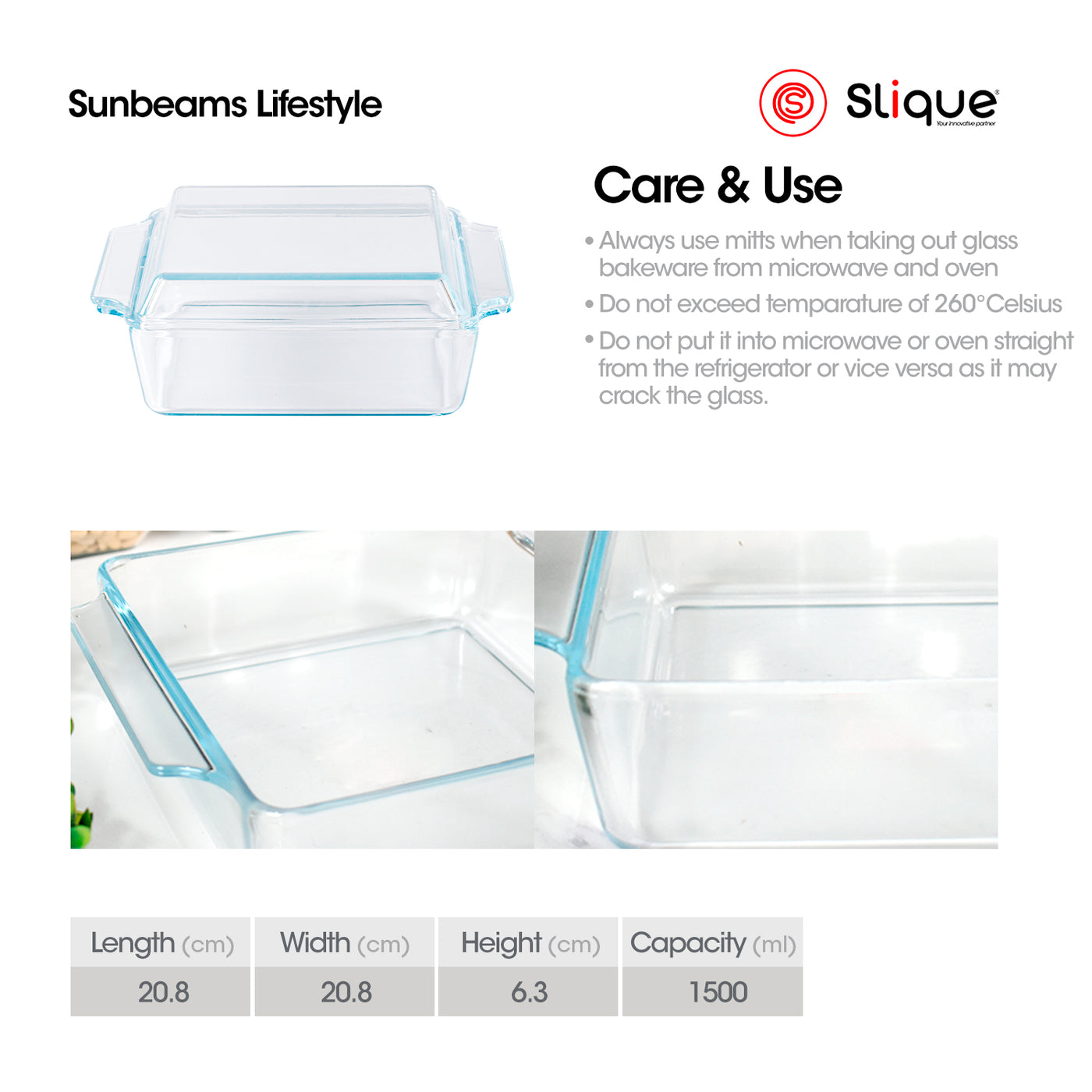 SLIQUE Premium Baking Dish Microwave & Oven Safe Baking Essentials 1500ml