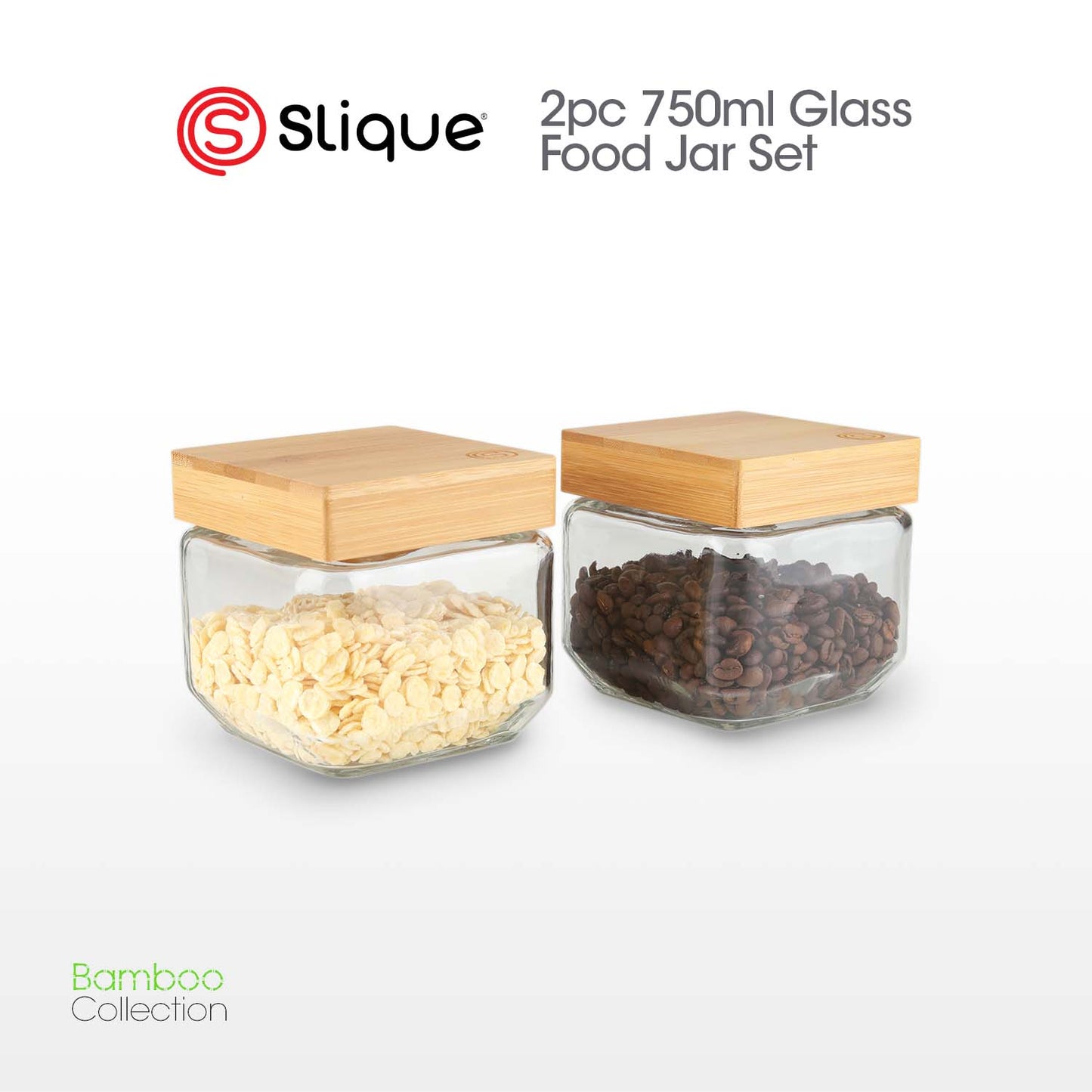 SLIQUE Food Jar [Set of 2] Soda Lime Glass, Bamboo lid with PE seal ring