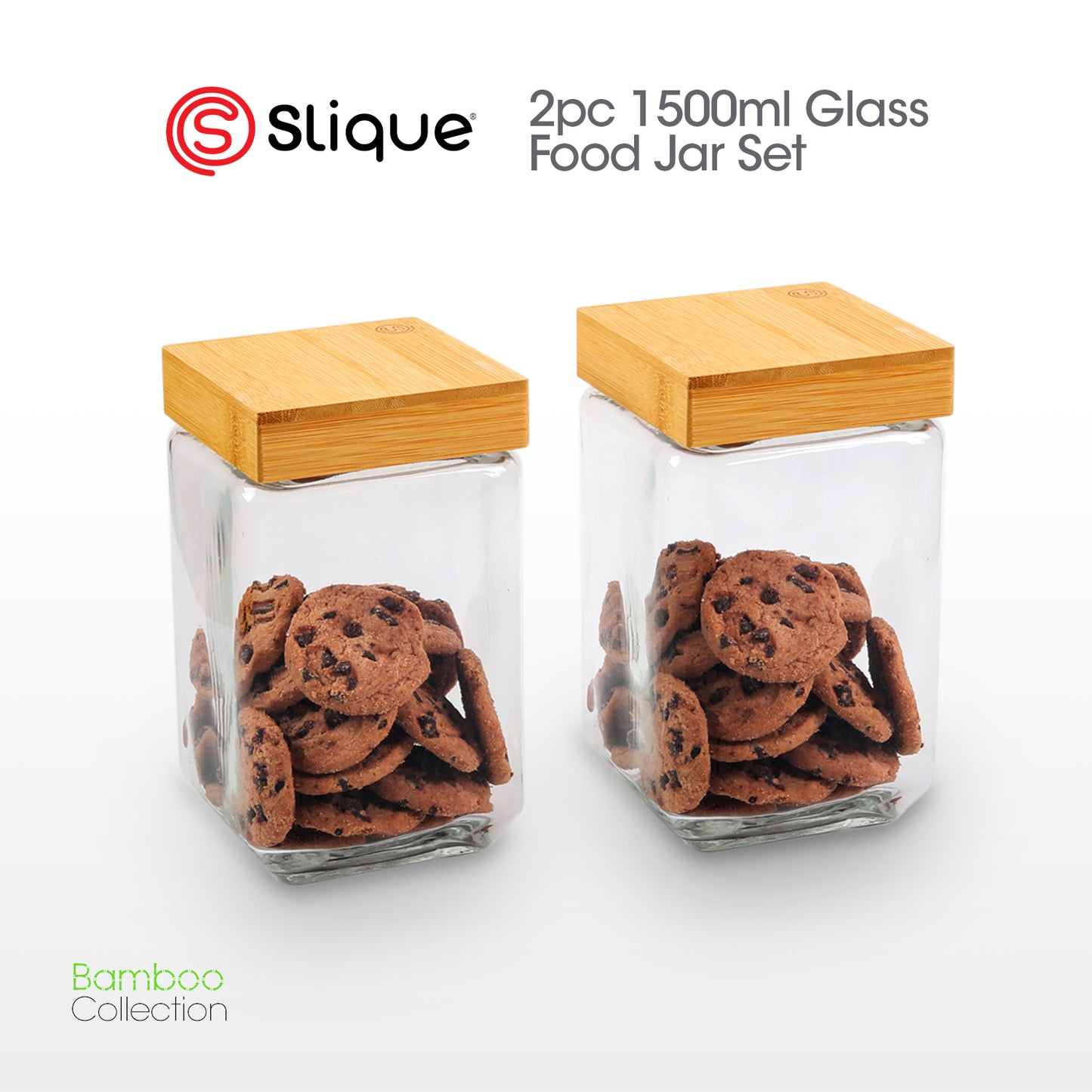 SLIQUE Food Jar [Set of 2] Soda Lime Glass, Bamboo lid with PE seal ring