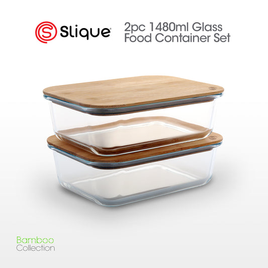 SLIQUE Food Container [Set of 2] Borosilicate Glass, Bamboo lid with Silicone Gasket