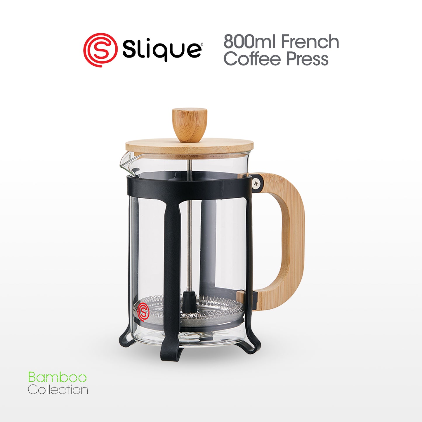 SLIQUE French Coffee Press Boroscilicate Glass Bamboo Handle & Lid