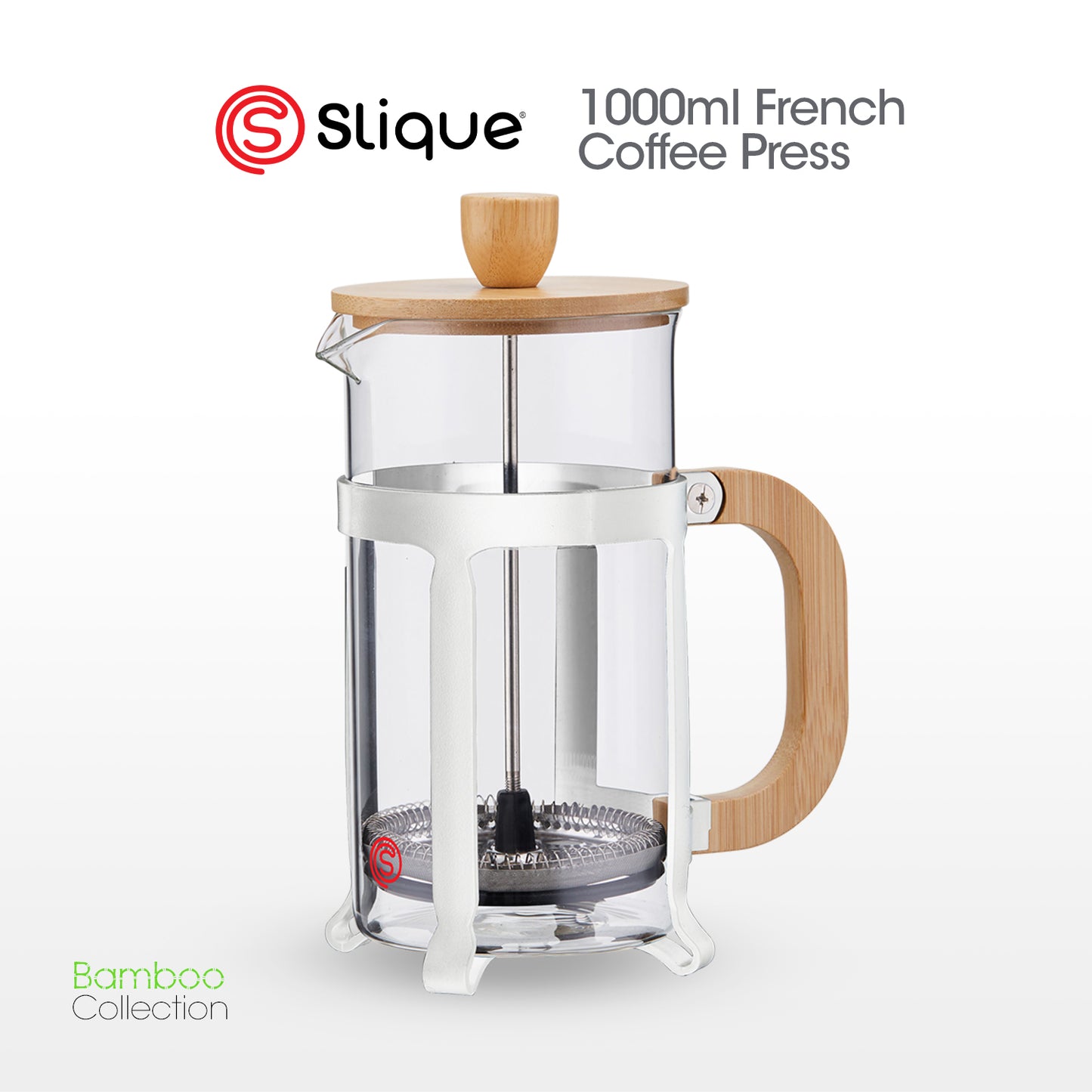 SLIQUE French Coffee Press Boroscilicate Glass Bamboo Handle & Lid