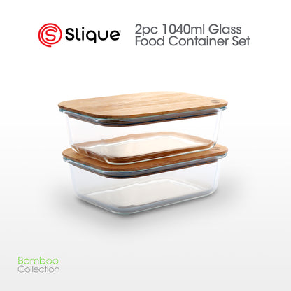 SLIQUE Food Container [Set of 2] Borosilicate Glass, Bamboo lid with Silicone Gasket