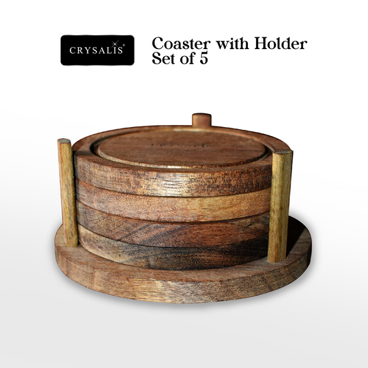 CRYSALIS Premium Coaster Set Holder Round Wooden Coaster [Set of 5] - Acacia Wood