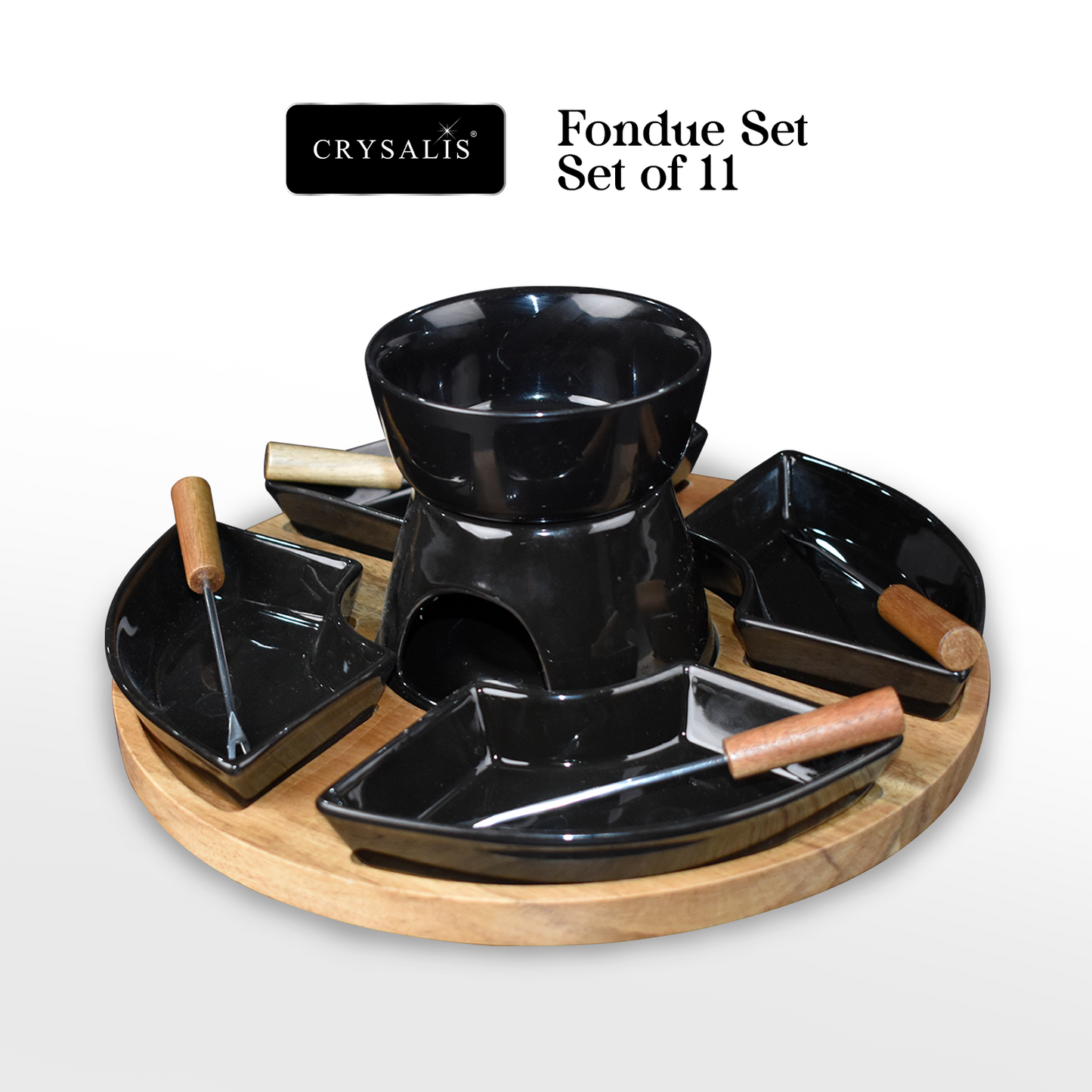 CRYSALIS Premium Fondue Set Chocolate Pot [Set of 11] - Acacia Wood