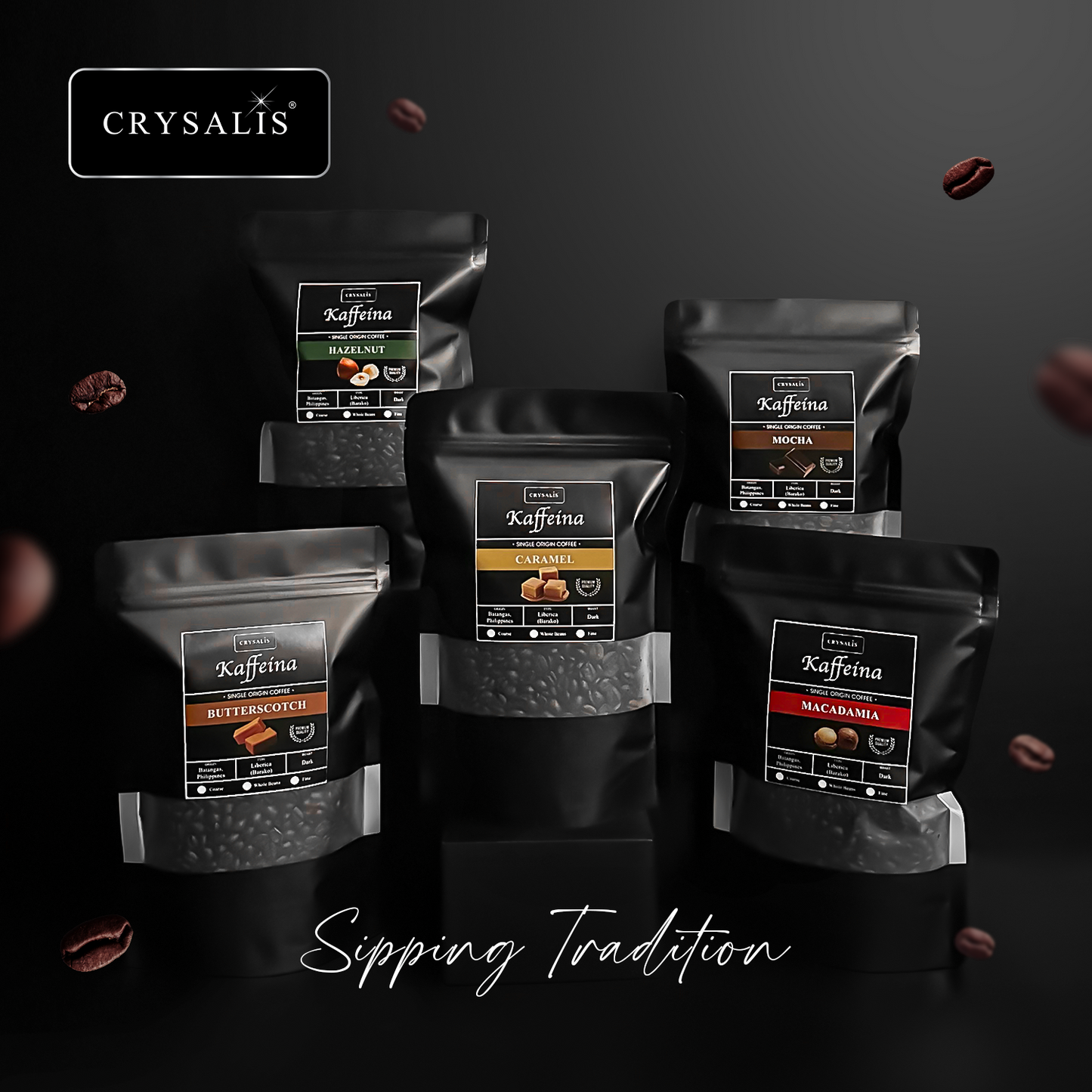 CRYSALIS PREMIUM KAFFEINA Coffee Beans 250g | 8.8oz Butterscotch | Caramel | Hazelnut | Macadamia | Mocha - Dark Coffee